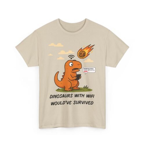 Kawaii Dinosaur Wi-Fi Meteor Warning Funny T-Shirt – Cute Prehistoric Meme Tee